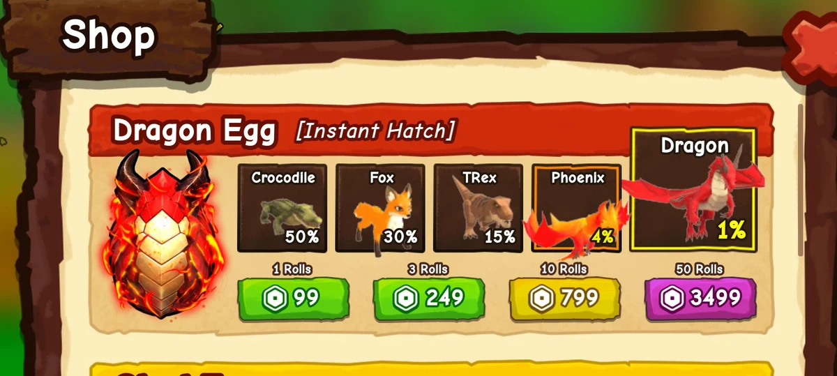 Historical Dragon Egg shop pool showing Crocodile 50 percent, Fox 30 percent, T Rex 15 percent, Phoenix 4 percent and Dragon 1 percent
